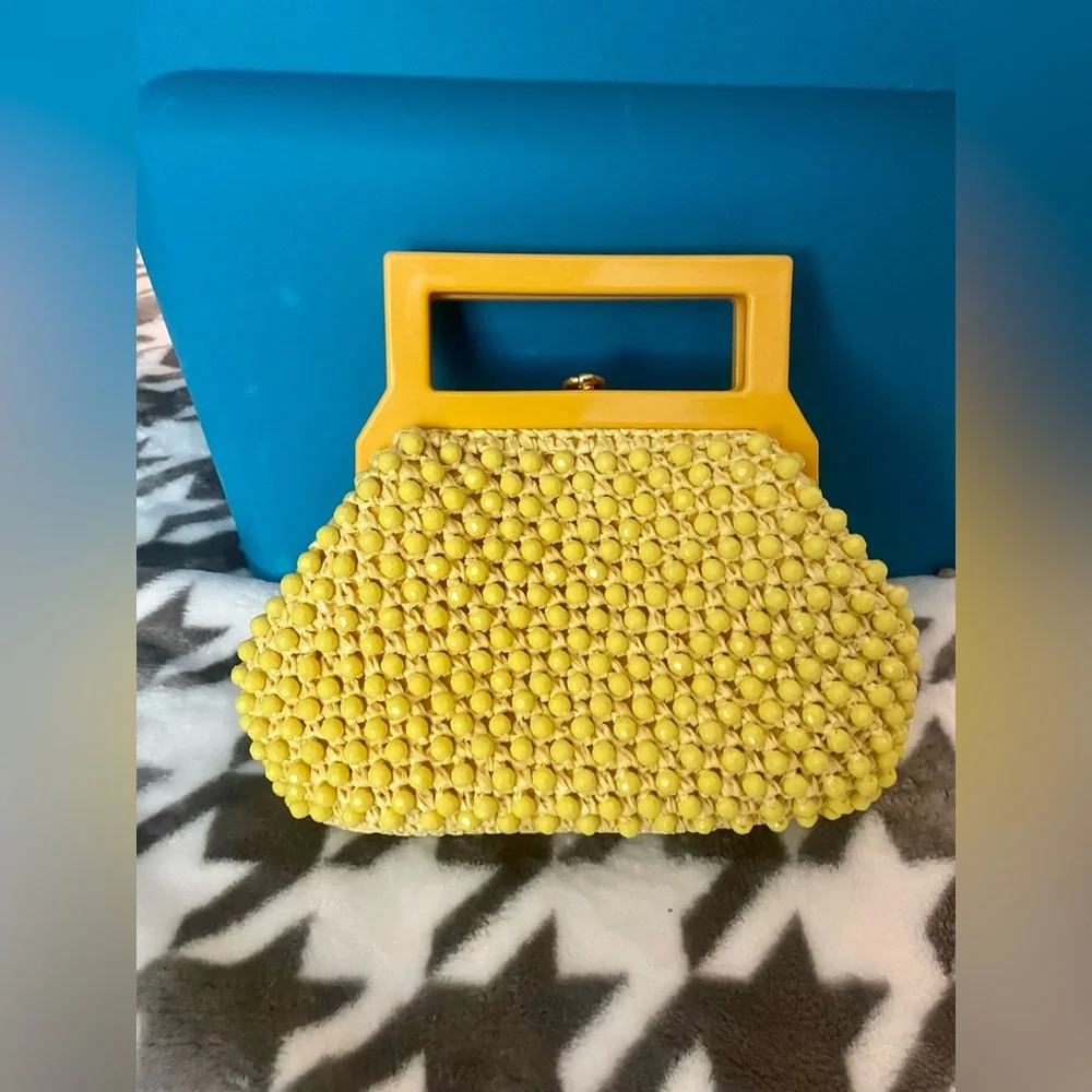 Vintage 60’s BAKELITE MOD YELLOW  Beaded Italian HANDBAG - Picture 6 of 9